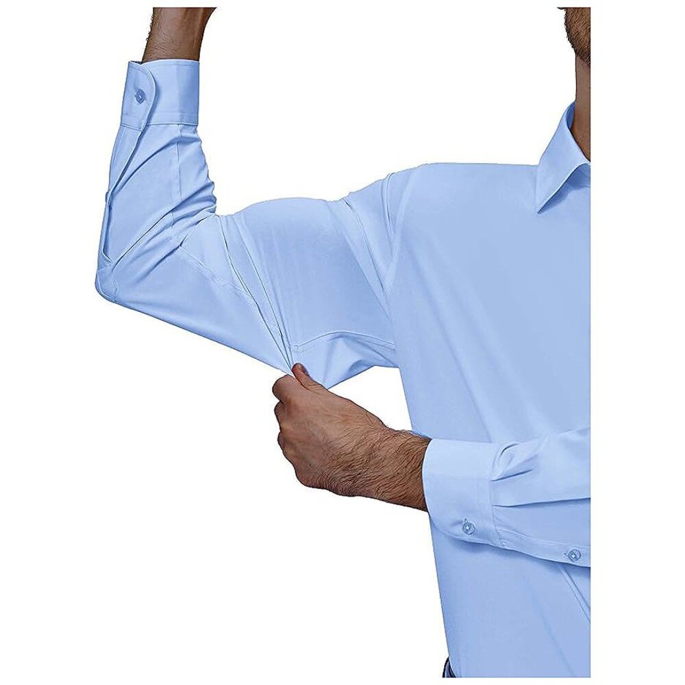 Mens Dress Shirts 4-Way Stretch Long Sleeve Collared Casual Light Blue - Picture 3 of 6